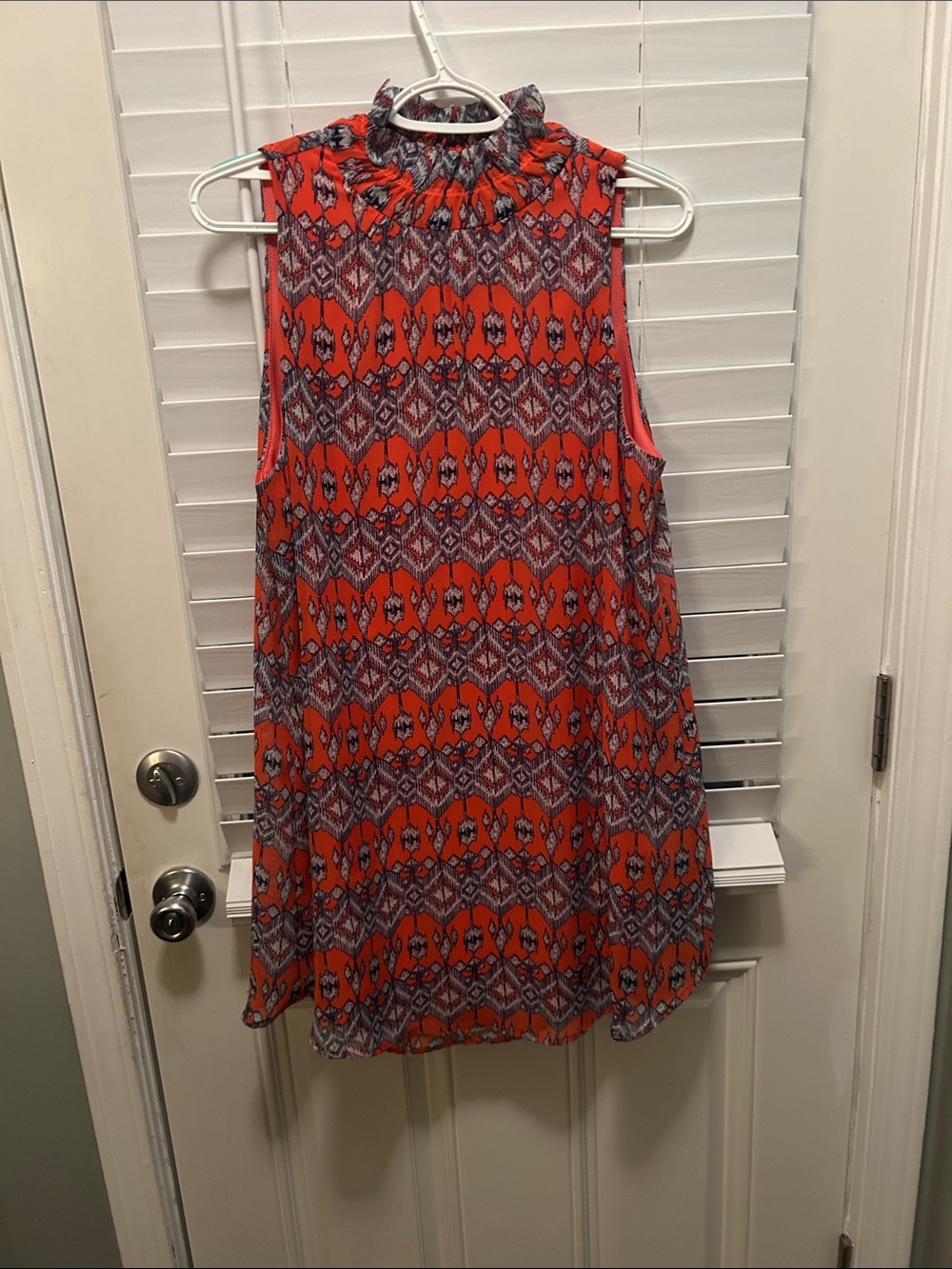 Sleeveless Smocked Neck Printed Shift Dress in Bright Orange